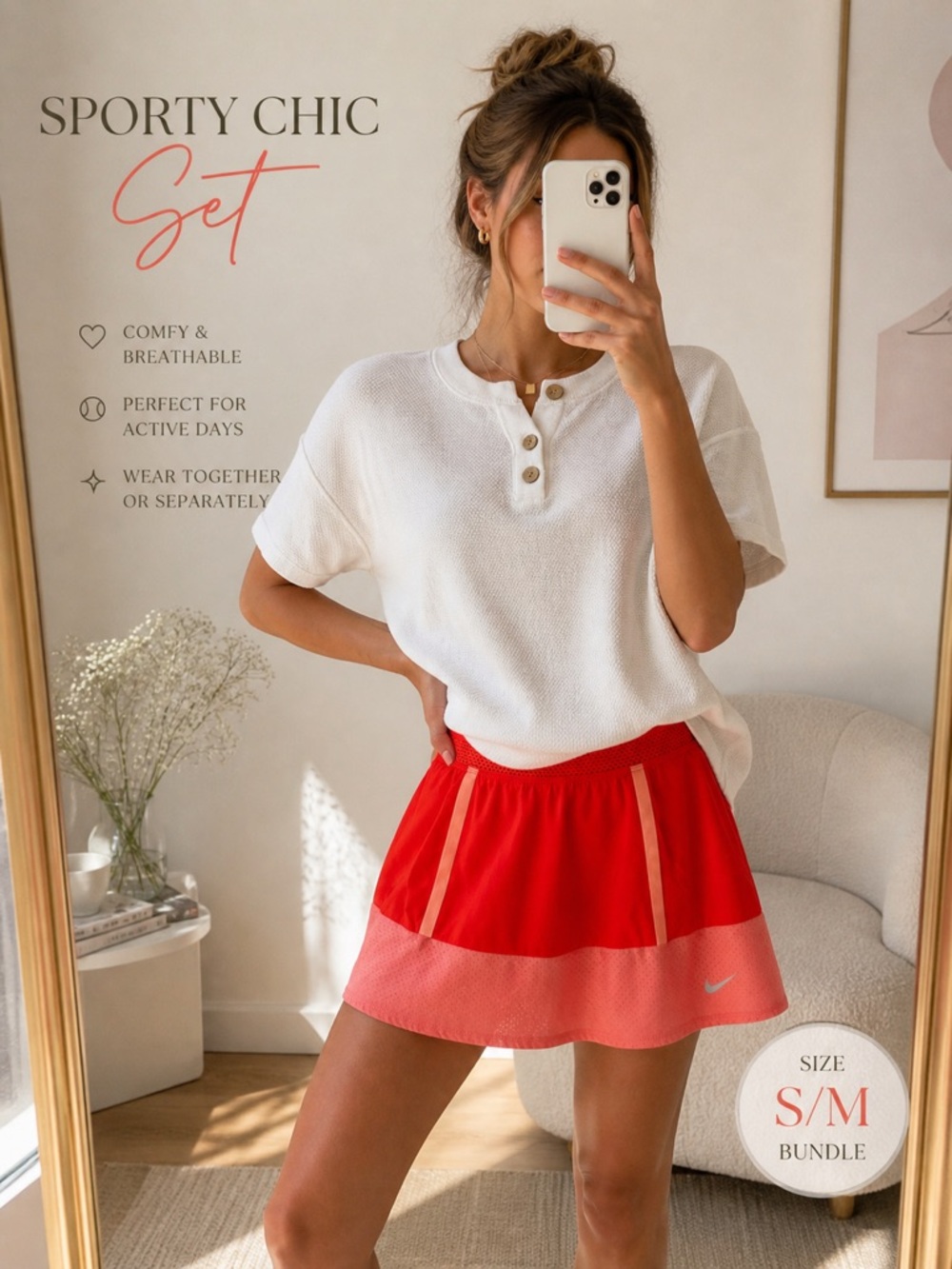 Nike Dri-FIT Tennis Skirt Set – White Knit Top – Sporty Chic Outfit – Size S/M
